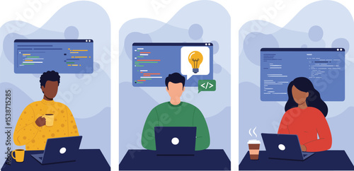Professional software developers coding innovative solutions, programming modern applications, and designing user-friendly interfaces,  flat vector illustration