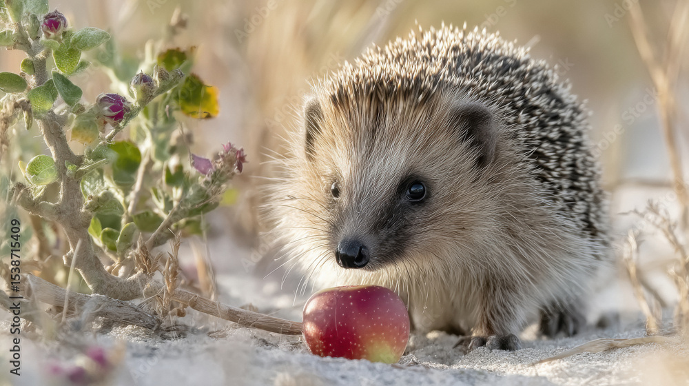 Fototapeta premium a close-up of a hedgehog on a sandy ground. The hedgehog is facing towards the right side