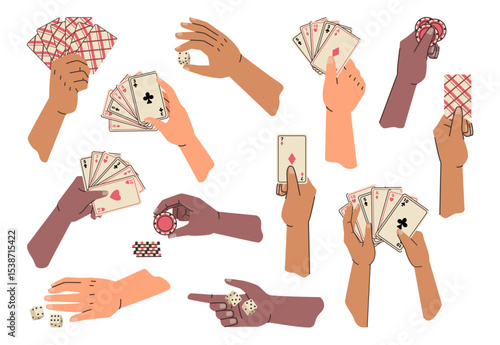People hands playing cards. Vector poker game players set, risky gambling accessories, cartoon human arms hold card deck. Shuffling and distribution, casino person with chips and dice