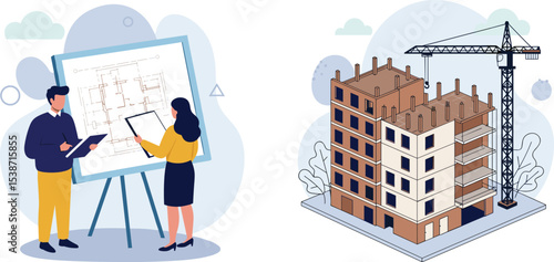 Dedicated architects and engineers reviewing blueprints for a new building, overseeing construction site progress, ensuring quality,  flat vector illustration