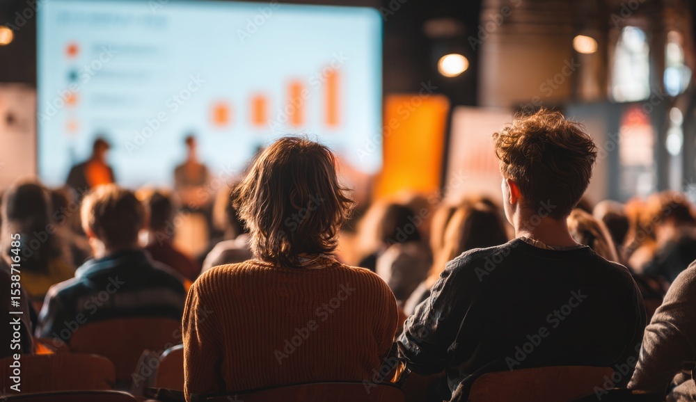 Fototapeta premium Audience members seated facing a presentation screen with blurred figures in a room setting