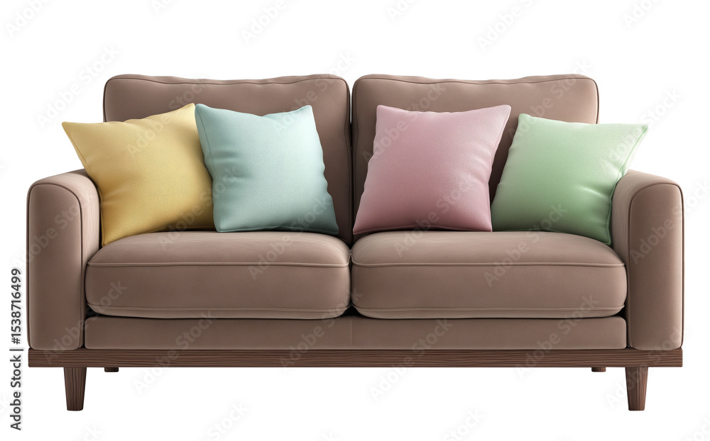 Brown modern sofa with colorful pastel cushions isolated on transparent background
Brown modern sofa with colorful pastel cushions isolated on transparent background