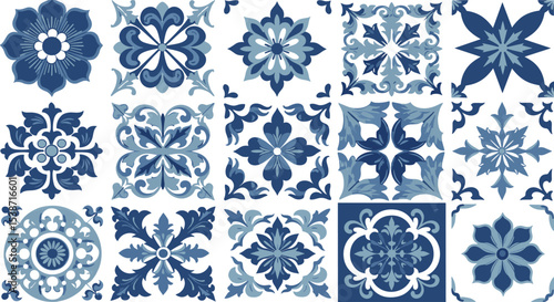 Exquisite collection of traditional Portuguese ceramic Azulejo tiles, showcasing intricate blue and white floral and geometric patterns, ideal flat vector illustration