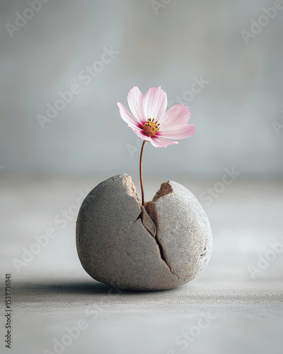 Delicate pink flower blooming from cracked stone on minimalist background
