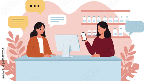 Engaged bank customers interacting with a teller, discussing financial services, processing transactions, and utilizing mobile banking in a modern and customer  flat vector illustration