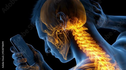 Medical visualization revealing cervical spine strain resulting from prolonged smartphone usage, demonstrating anatomical stress and potential long term postural health consequences
