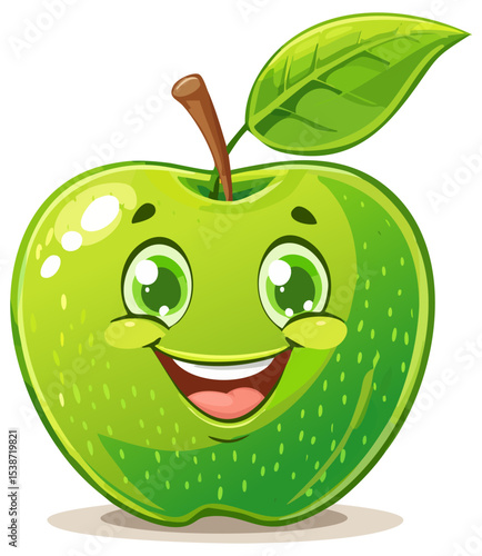 Green apple with happy face cartoon, isolated 