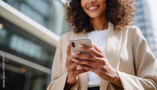 A woman smiles looking at her silver phone in front of a glassfaced building