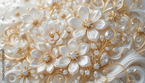 Elegant white flowers with gold accents and crystal embellishments in luxurious 3D style. Perfect for wedding decor, luxury branding, or background designs.