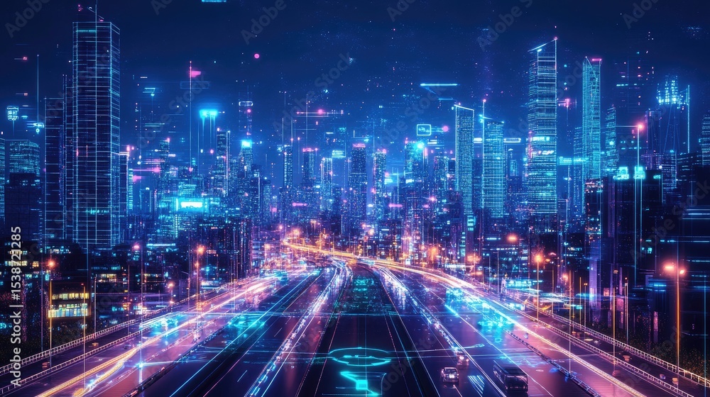 Fototapeta premium Urban Cityscape at Night with Neon Lights and Digital Effects in Futuristic Setting