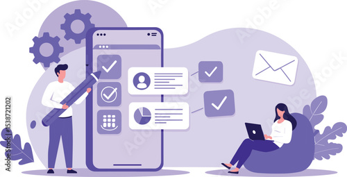 Efficient digital task management and online productivity, showcasing mobile application development, customer service optimization, business automation,  flat vector illustration