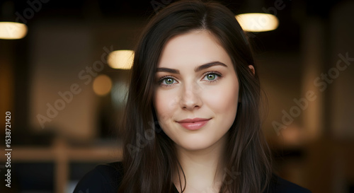 Wallpaper Mural Beautiful young woman with green eyes and long brown hair smiling gently at the camera Torontodigital.ca