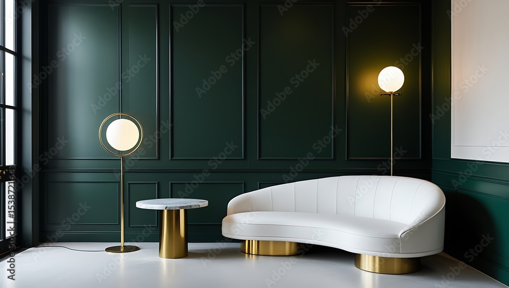 Interior with white sofa, gold accents, dark green paneled wall, and globe floor lamps providing light Interior with white sofa, gold accents, dark green paneled wall, and globe floor lamps providing light