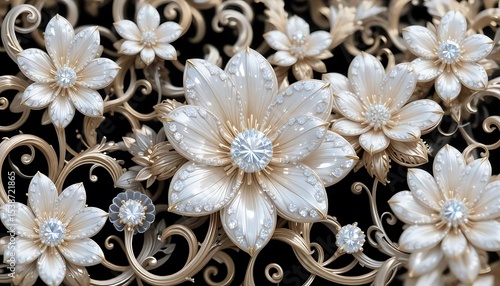 Elegant white flowers with gold accents and crystal embellishments in luxurious 3D style. Perfect for wedding decor, luxury branding, or background designs.