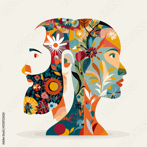 Floral double exposure illustration of man and woman facing opposite directions, vector illustration

