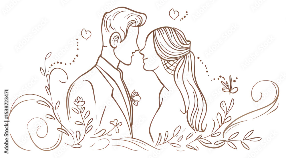 Obraz premium PNG Bride and groom doodle drawing sketch line.