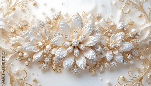 Elegant white flowers with gold accents and crystal embellishments in luxurious 3D style. Perfect for wedding decor, luxury branding, or background designs.
