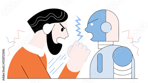 Man Arguing with Robot, AI Conflict, Technological Disagreement