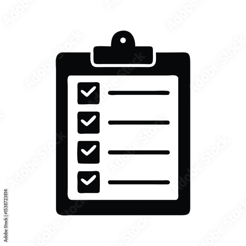 Checklist icon. Clipboard vector illustration. Checkup plan on the board symbol. Paper document with check marks and fields sign. Schedule note. Report pictogram. Test and exam workbook glyph
