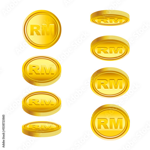 Gold Malaysia Ringgit RM coins flipping in set of various angles