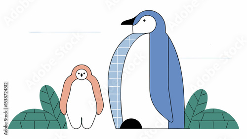 Cute Penguin Parent and Chick in Minimalist Style