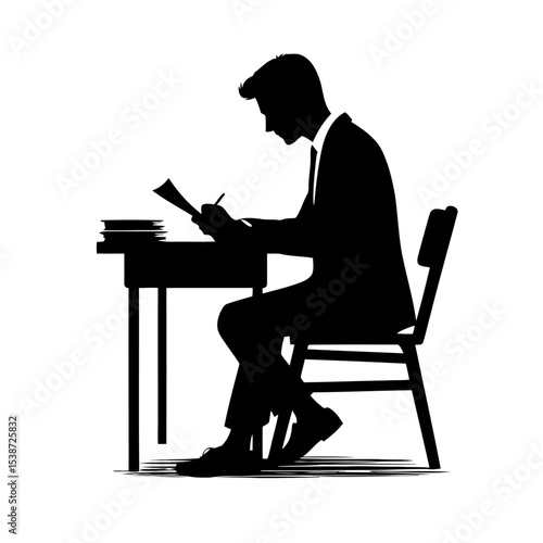 Silhouette Of Man Working At His Desk Vector Graphic