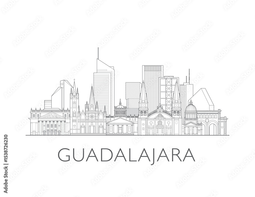 Obraz premium Guadalajara, Mexico cityscape illustration skyline drawing