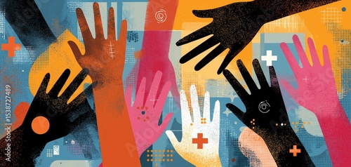Diverse hands reaching upwards against a colorful abstract background, symbolizing unity, support, and inclusion in a vibrant, dynamic style.