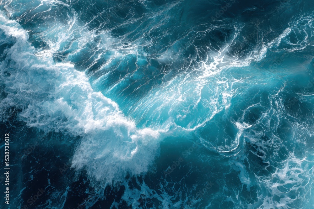 Aerial view of ocean with a cresting wave Swirling water patterns and varying shades of blue Aerial view of ocean with a cresting wave Swirling water patterns and varying shades of blue