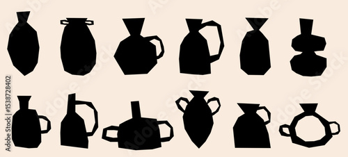 Ceramic vase pottery organic vases in ancient bohemian greek style. Vector jar, amphora vessel ancient silhouette jug and urns set.
