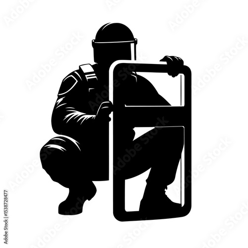 Silhouette Of Police Officer In Riot Gear Crouching Behind Shield Ready For Action
