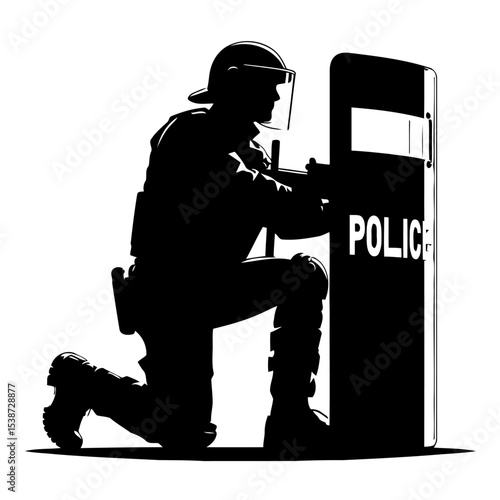 Police Officer With Riot Shield Protecting Public Order And Safety