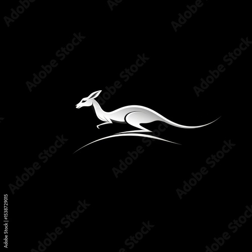 Silver Kangaroo Leaping on a Black Background, Clean Minimalist Design with Dynamic Energy and Grace, Modern Artistic Impression for Branding and Logo Concepts.