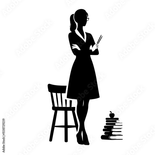 Silhouette Of Woman Teacher With Books And Apple Education