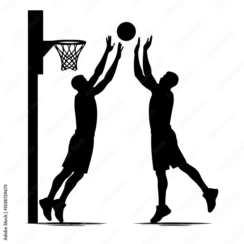 Obraz premium Dynamic Basketball Silhouettes Intense Game Action Players In Motion Competition Teamwork And Athleticism