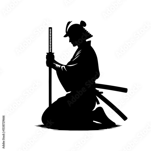 Samurai Warrior Kneeling With Katana Vector Of Japanese Samurai In Moment Of Quiet Contemplation Embodying Bushido And Spirit Of Ancient Japan