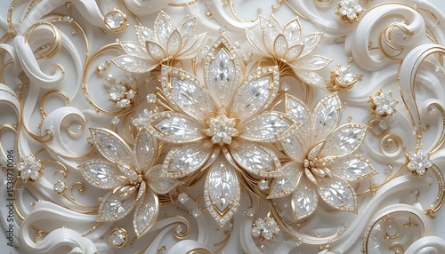 Elegant white flowers with gold accents and crystal embellishments in luxurious 3D style. Perfect for wedding decor, luxury branding, or background designs.