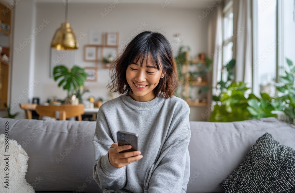A smiling woman sits on a sofa looking at her smartphone in a bright plantfilled living room A smiling woman sits on a sofa looking at her smartphone in a bright plantfilled living room