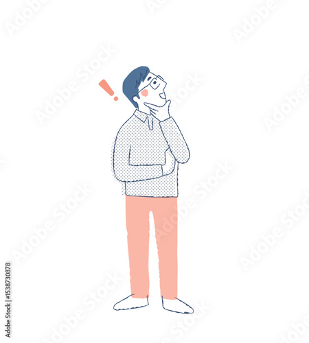 顎に手を当てて上の方を見ている笑顔の男性