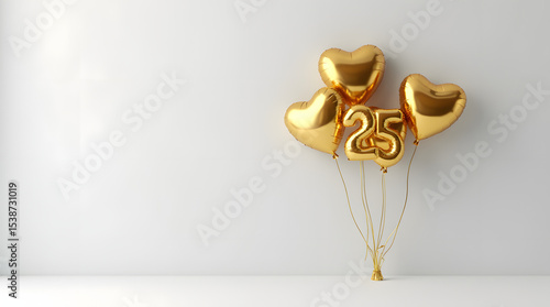 Golden heart-shaped balloons and a shiny number 25 balloon float elegantly against a white backdrop, perfect for a celebration or anniversary