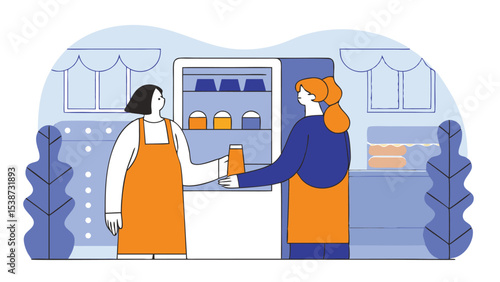 Woman buying orange juice from a refrigerator in a cafe