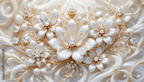 Elegant white flowers with gold accents and crystal embellishments in luxurious 3D style. Perfect for wedding decor, luxury branding, or background designs.