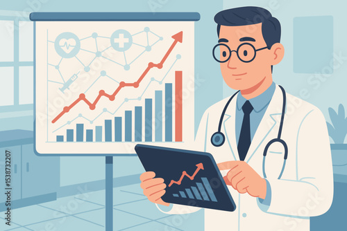 Doctor analyzing medical data on a tablet. Healthcare analytics concept with physician looking at a growth chart. Medical research, clinical trials, health informatics, and success.