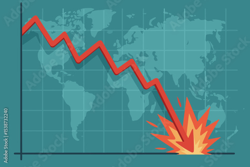 Vector concept of stock market crash and economic crisis. Red arrow going down on graph chart with explosion. Global financial recession, bear market, bankruptcy and investment loss.