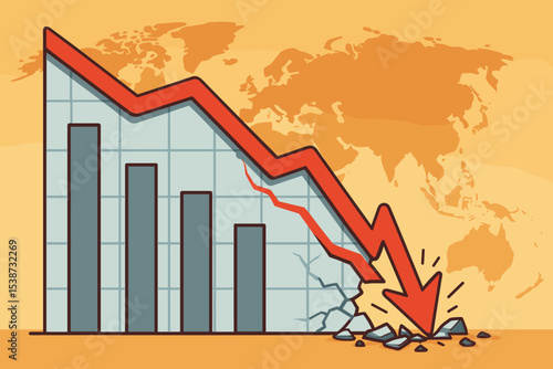 Global economic crisis concept. Stock market crash with a downward red arrow breaking the chart. Financial recession, depression, and bankruptcy vector illustration with world map.