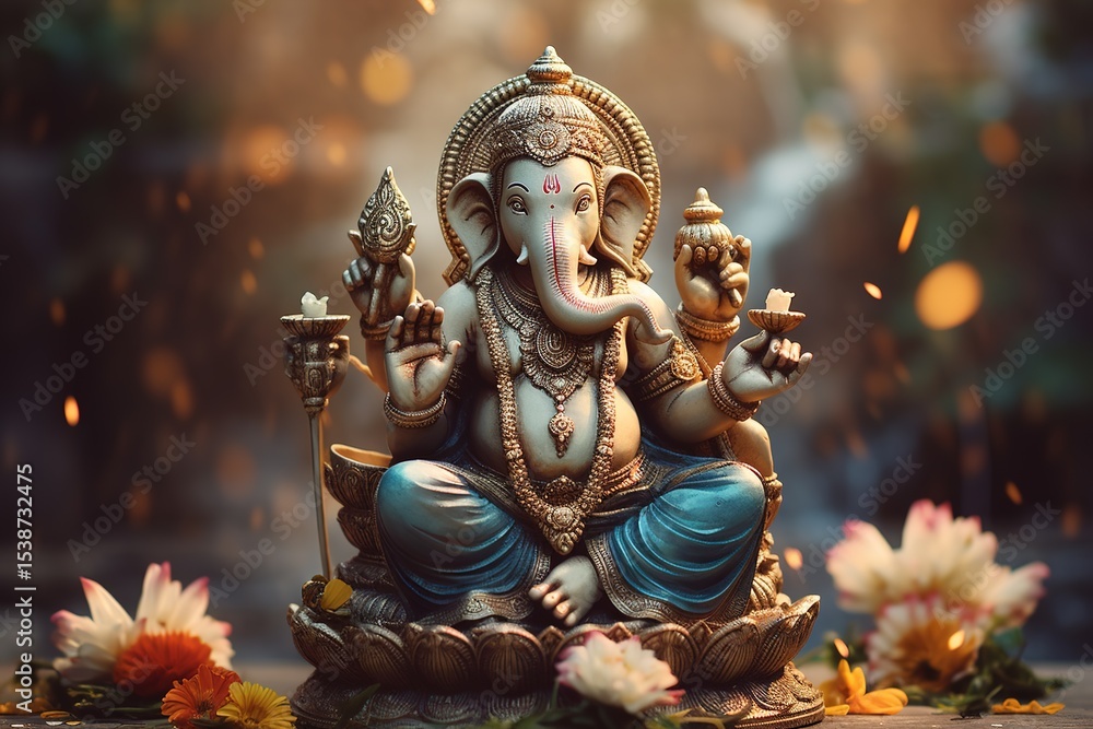 Fototapeta premium Close-up traditional Ganesh statue on blurred bokeh background, showcasing detailed craftsmanship and symbolic elements. Ideal for religious publications, cultural articles