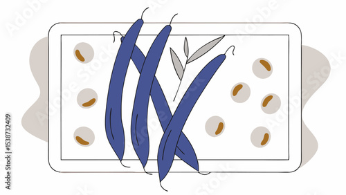 Flat lay of purple beans and seeds on a white tray