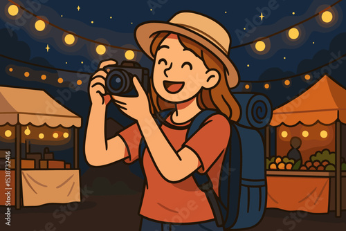 Happy traveler woman with a backpack taking photos at a vibrant night market. Female tourist enjoying her vacation adventure at a local street food festival with festive string lights.
