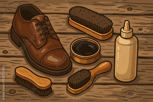 Shoeshine kit vector illustration with classic brown leather shoe, polish wax, brushes, and cleaner. Concept of shoe care, maintenance, and repair. Retro drawing of cobbler tools.
