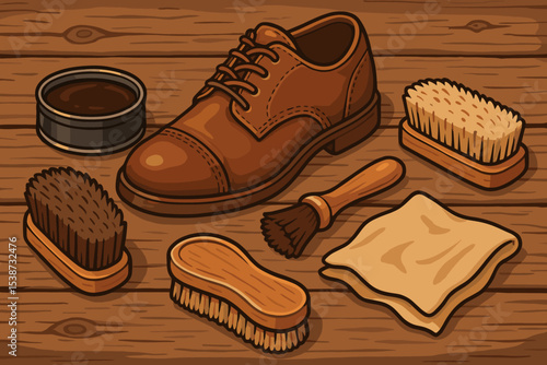 Shoe care kit for cleaning and polishing. Vector art of a classic brown leather shoe with polish, wax tin, brushes, and cloth on a wooden surface. Gentleman's footwear maintenance.